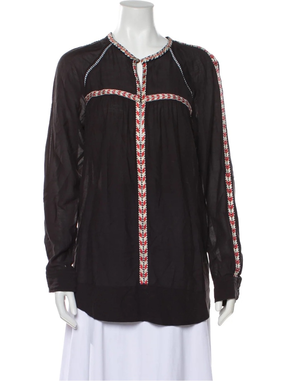Isabel Marant Black Sheer Peasant Blouse with Red and Cream Embroidery